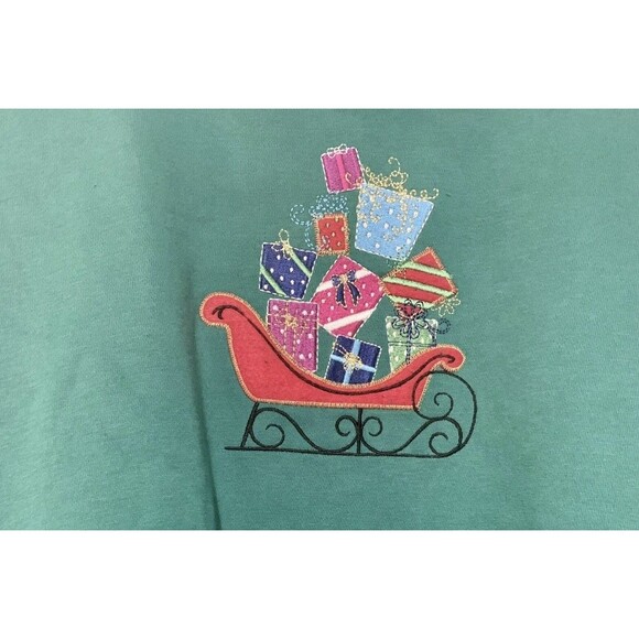 I.b.diffusion Embroidered Sleigh Presents Green Christmas Sweatshirt Size 2X - Picture 2 of 6